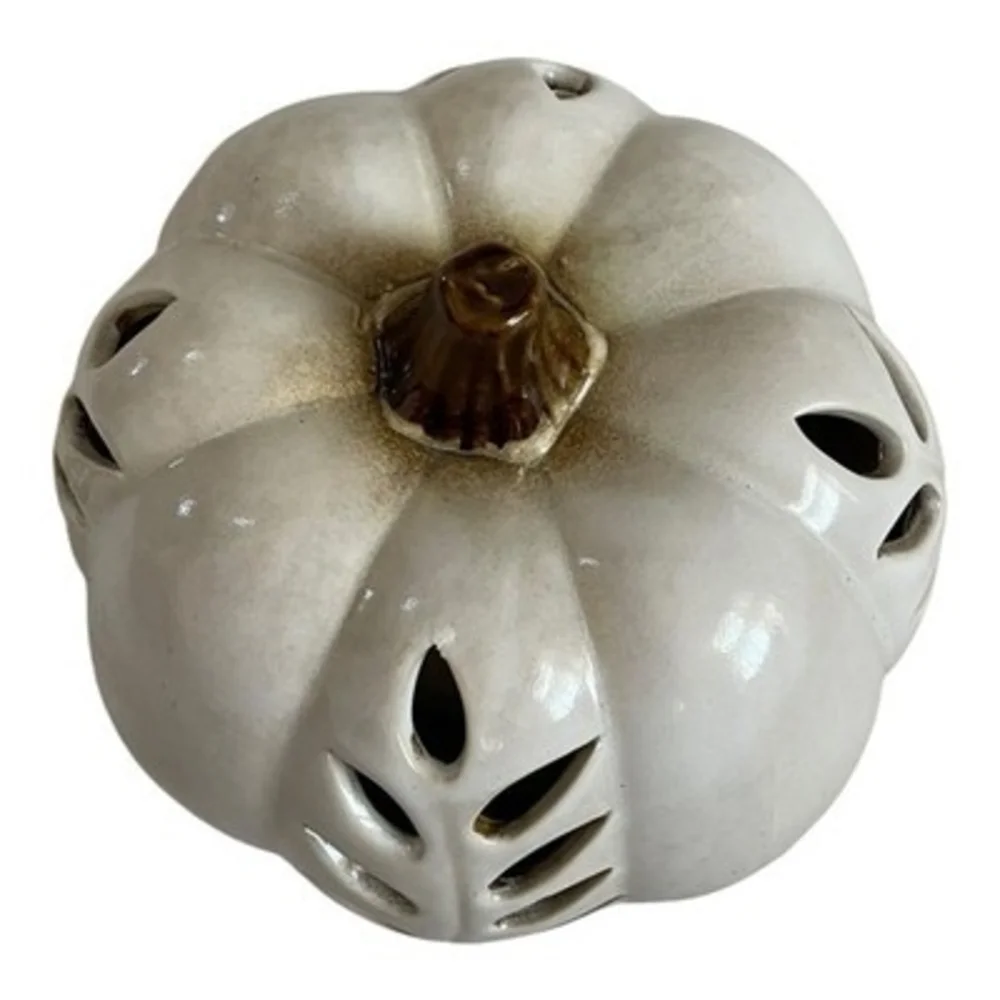 Gray Ceramic LED Light Up Pumpkin Lantern Leaf Cutout Fall Halloween Decor 9x6.5